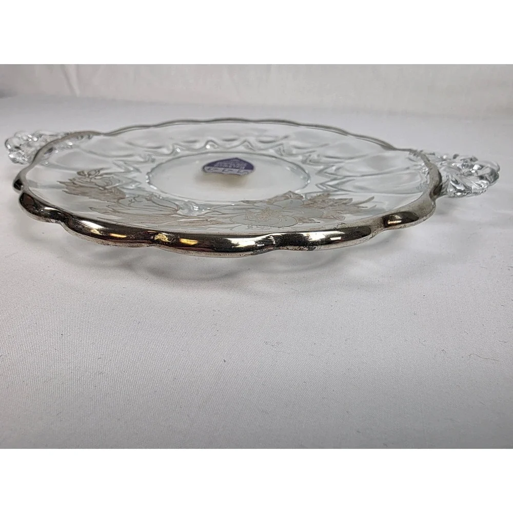 Rockwell Sterling‎ Silver Non-Tarnish 8 Inch Glass Plate Floral Design Handles